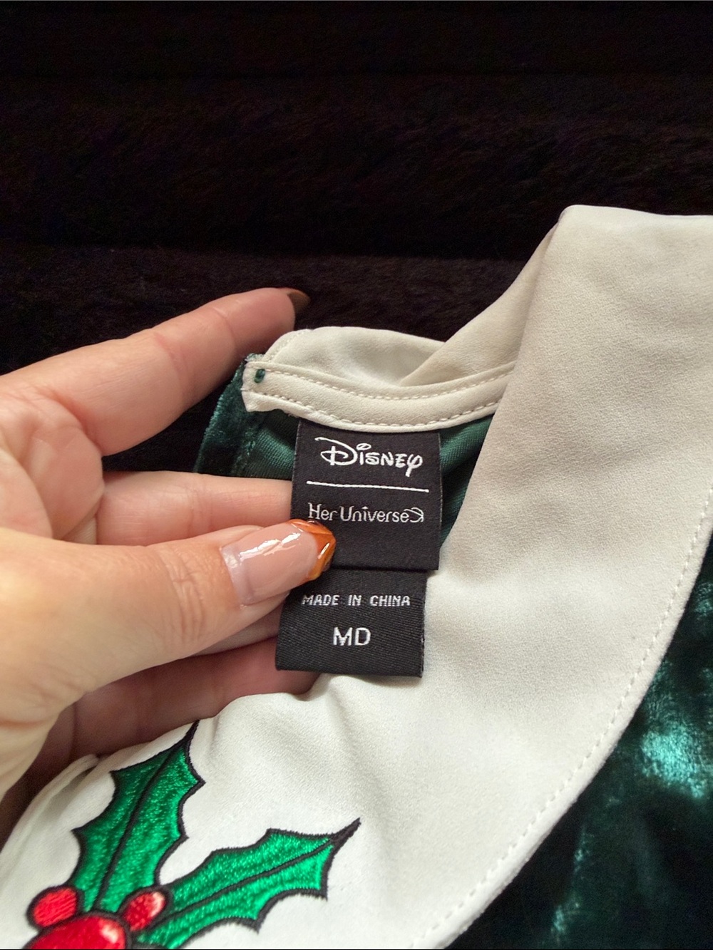 Her Universe Dark Green Velvet Holiday Mickey Dress with Cream Sleeves - Picture 3 of 5